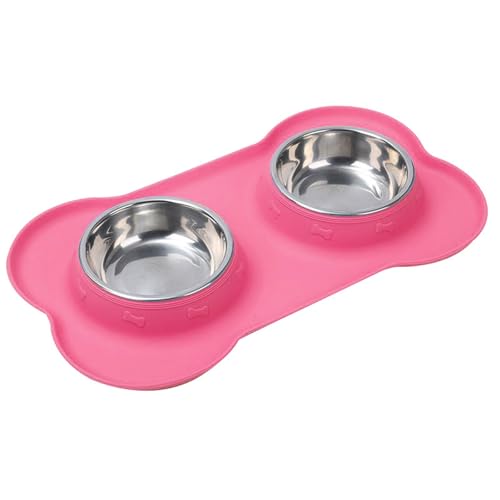 THOYBMO Katzen Hundenäpfe Cat Dog Bowls Doppelter Futternapf Edelstahl Auslaufsicherer Rutschfester Silikonmatte Tablett Futter Wasserfütterung Welpen Katzen,Pink,M von THOYBMO