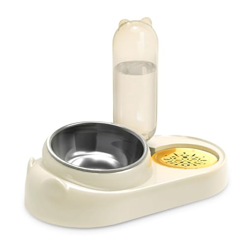 THOYBMO Katzen Hundenapf Cat Dogs Bowl Futter Wasserfütterungsset mit Wasserspender und Edelstahlnapf für Welpen,Beige von THOYBMO