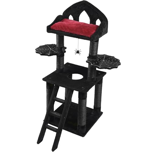 Gothic Katzenbaum - 129,5 cm schwarzer Katzenturm mit Thron Goth Bett, gruseliges Hängespielzeug, stabile Spinnennetz-Sitzstange, langlebige Sisal-Kratzbäume - Goth Katzenbaum für majestätische von THROONI