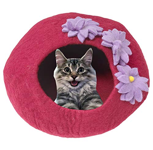 Luxus-Katzenbett, Limettengrün, Größe L, umweltfreundlich, 100 % Merinowolle, für Katzen und Kätzchen, Größe L, 45–48 cm, grüne Blume (kastanienbraun) von TIBET