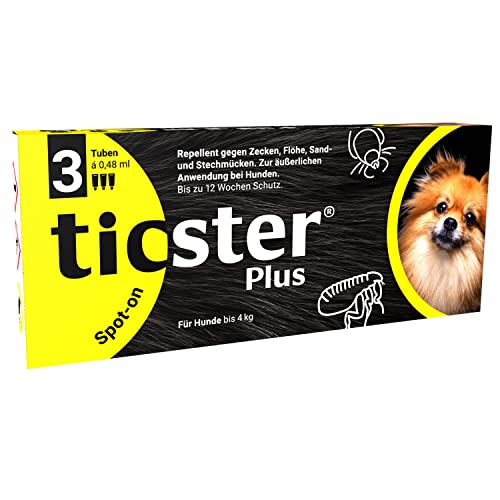 TICSTER Plus Spot-on für Hunde bis 4 kg, Floh- und Zeckenmittel, 3x 0,48ml, bis zu 12 Wochen Zeckenschutz (Lösung zum Auftropfen, auch gegen Sand- und Stechmücken, Insektenschutz für Hunde) von TICSTER