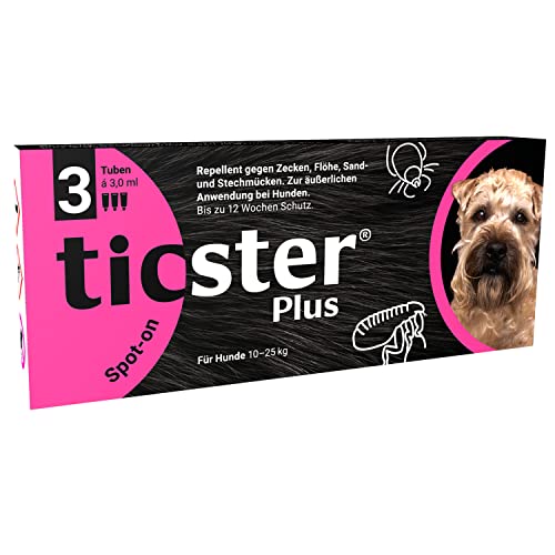 TICSTER Plus Spot-on für Hunde von 10 - 25 kg, Floh- und Zeckenmittel, 3 x 3,0ml, bis zu 12 Wochen Zeckenschutz (Lösung zum Auftropfen, auch gegen Sand- & Stechmücken, Insektenschutz für Hunde) von TICSTER