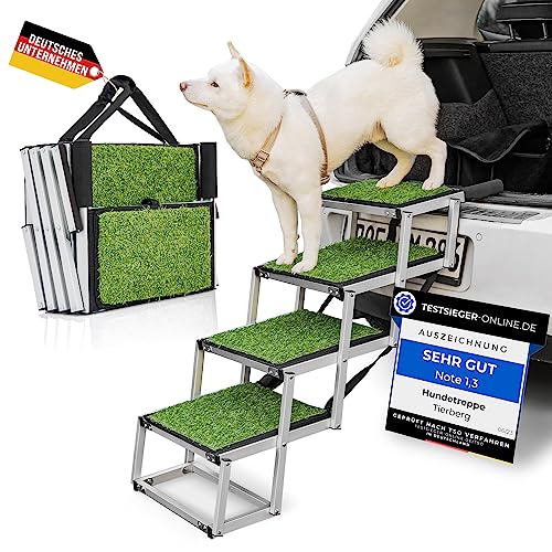 TIERBERG® Hundetreppe für Auto Klappbar [Kunstrasen-Oberfläche] 70kg Traglast - Stabile Hunderampe für Kleine u Große Hunde - 67cm Faltbare Tiertreppe Einstiegshilfe |Jetzt Treppe Rampe aussuchen von TIERBERG