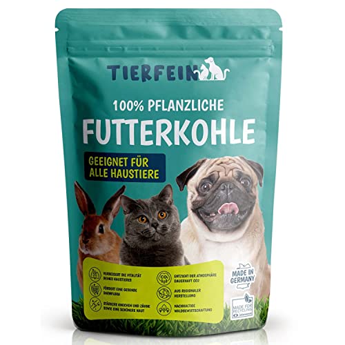 TIERFEIN pflanzenbasierte Futterkohle für Hunde & Katzen (500ml, Pulver) - Pflanzenkohle für Verdauung, Entgiftung, Durchfall – Aktiv-Kohle Haustiere von TIERFEIN