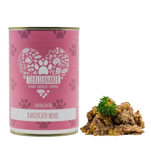 Tierliebhaber - Hundefutter nass Lieblingsfutter Kaninchen Menü - Nassfutter für Hunde mit 91% Kaninchenfleisch, Innereien, Gemüse & Beeren - Als Alleinfuttermittel oder mit Trockenfutter - 400g von TIERLIEBHABER