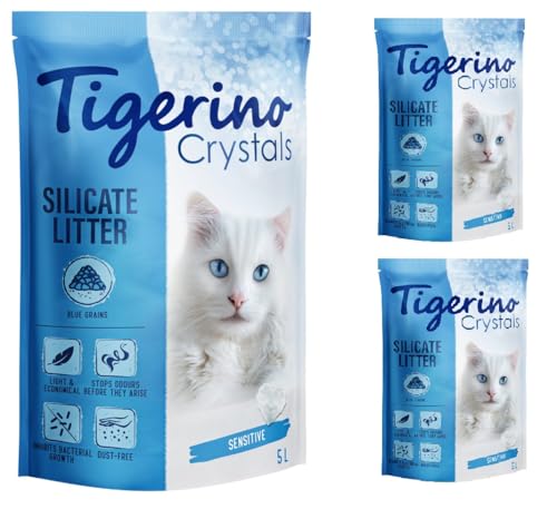 Tigerino - Crystals Katzenstreu 15L Blau| Multipack | Sensitive, parfümfrei | für geruchssensible Katzen | staubfrei, stark absorbierfähig und ergiebig | Ohne Duftstoffe | 3x5L | Blau von TIGERINO