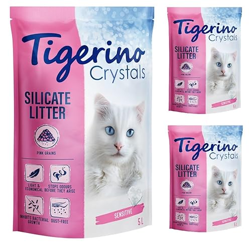 Tigerino - Crystals Katzenstreu 15L bunt | Multipack | Sensitive, parfümfrei | für geruchssensible Katzen | staubfrei, stark absorbierfähig und ergiebig | Ohne Duftstoffe | 3x5L (Pink, 3x5L) von TIGERINO