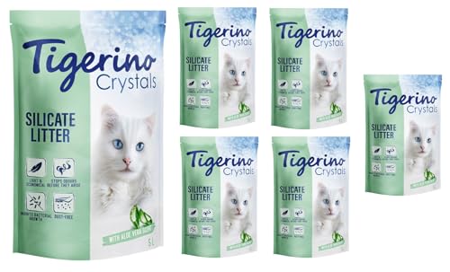 Tigerino Crystals Katzenstreu Super Pack 30L | Silikatstreu | staubfrei | extrem absorbierfähig und ergiebig | stoppt Gerüche | hemmt Bakterienwachstum | 6 x 5 Liter (Aloe Vera) von TIGERINO