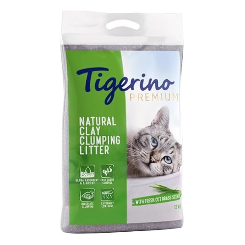 Tigerino - Premium Katzenstreu 12 kg | Duft nach frischem Gras | aus feinem Naturton-Granulat | Starke Klumpenbildung von TIGERINO