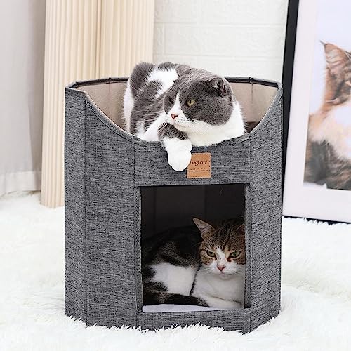 Katzenhaus Faltbares Katzenhöhle Indoor Flauschig Cat Bed House, Haustierversteck, 2-stöckige Würfel, Schlafplatz, zusammenklappbar, bedeckt, gemütliches Kätzchennest mit Flauschigen Kissen (Grau) von TIGOADT