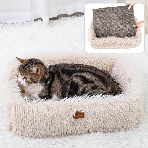 Kratzbrett Pappe mit Kratzbox für Katze,Kratzkarton Robuste Groß Katzenbett Flauschig Kratzbretter mit Wellpappe Abnehmbar Doppelseitig Verwendbar,Kratzunterlage für Möbelschutz (44×34×14cm,Beige) von TIGOADT