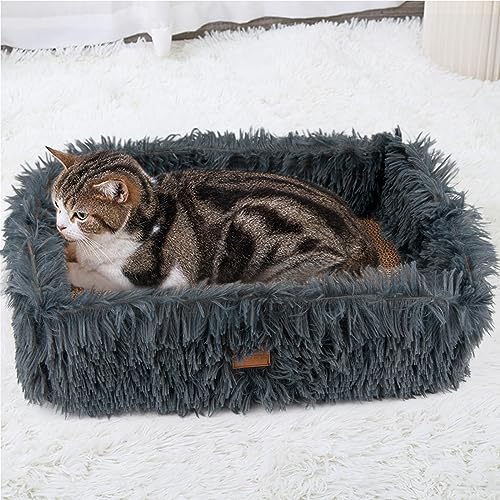 Kratzbrett Pappe mit Kratzbox für Katze,Kratzkarton Robuste Groß Katzenbett Flauschig Kratzbretter mit Wellpappe Abnehmbar Doppelseitig Verwendbar,Kratzunterlage für Möbelschutz (44×34×14cm,Grau) von TIGOADT