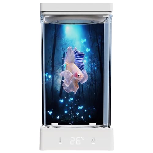 TIHONORI Kampffisch Aquarium - 1,4L Desktop Mini Aquarium Kit mit Bodenablauf, USB-Smart-Temperaturregelung, Einstellbare LED-Leuchten - Tisch-Kampffisch-Aquarium,Fish tank von TIHONORI