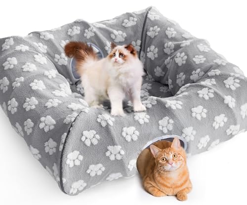 TIKIWIK 279,4 cm Katzentunnelbett für Indoor-Katzen, faltbares großes Peekaboo Katzenhöhle Donut mit 4 Spielzeugbällen und 4 Höhlenlöchern für Kätzchen, Kaninchen, Frettchen, Tunnel und Röhren von TIKIWIK