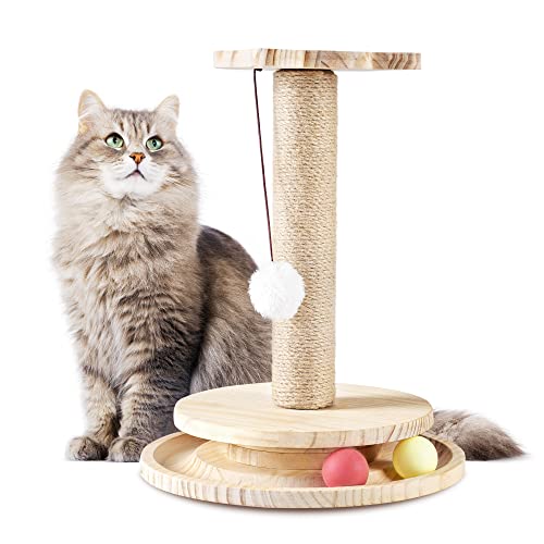 TILLYOU Kratzbaum, 37 cm hoch, für Indoor-Katzen, bedeckt mit natürlichem Sisalseil und drei interaktiven Spielzeugen von TILLYOU