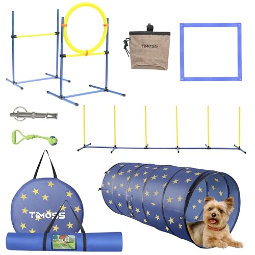 TIMOSS Agility-Trainingsgerät für Hunde, für drinnen und draußen, Deluxe-Hinderniskurs, Starter-Set mit Tunnel, verstellbare Hürde, Springring, 6 gewebte Stangen, Pausenbox, Tragetasche von TIMOSS