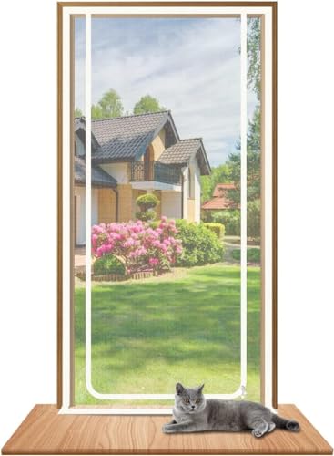 TINBOSE Fliegengitter Balkontür,Katze Kratzfest Katze Mesh Tür Kratzfest Insektenschutz Tür Fliegenvorhang Haustür Ohne Bohren for Terrasse, Hund Katze Gittertür(90x220cm) von TINBOSE