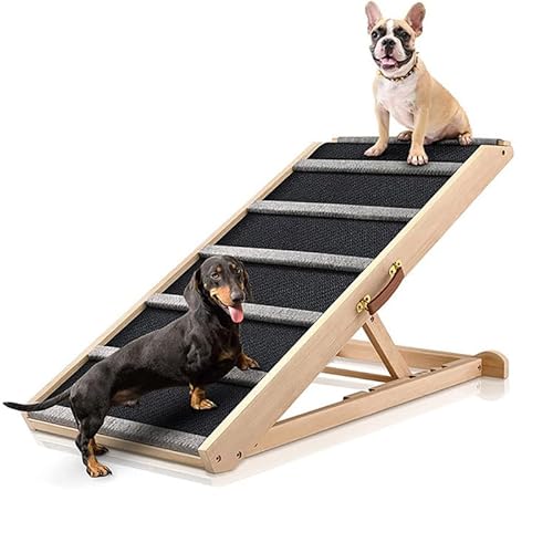 TINMAGI Hunderampe,Hundetreppe aus Holz, Länge 100cm Einstellbar 29-57cm,mit Rutschfester Trittmatte, Hölzerne Haustierrampe Klappbar für Bett Oder Sofa，Bis zu 200 Pfund Tragkraft von TINMAGI