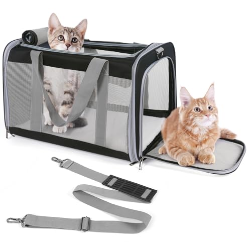 TIYOLAT Transporttasche für Katzen, für kleine Hunde und Katzen unter 7,3 kg, zusammenklappbar, weiche Seiten, mit ausreichender Belüftung, 4 Netzfenster, 3 Eingänge (schwarz) von TIYOLAT