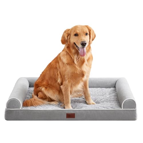 TJSOULER orthopädische Hundebett für waschbar wasserdicht Hundekissen mit hohem Rand Unterstützung Schaum rutschfest Hundesofa, abnehmbare große Hundematratze für drinnen mit grau 92x68cm L von TJSOULER