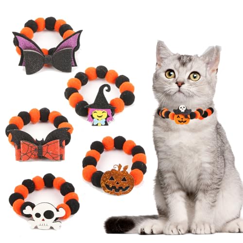 Pompon Hundehalsband Halloween Katzenhalsbänder Haustierhalsband Kürbis Krawatte Halsband Haustier Krawatte Kostüm für Party Geburtstag 5 Stück von TJCGCKK