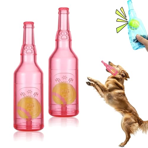 TKNIBEEN Pet Chew Beer Bottle with Tennis Ball, Crunch and Play Bottle Dog Toy, Water sBottle with Stennis sBall Dog sToy,Tennis Ball in sBottle sDog, Crunch sBottle Toy (2PCS Red) von TKNIBEEN