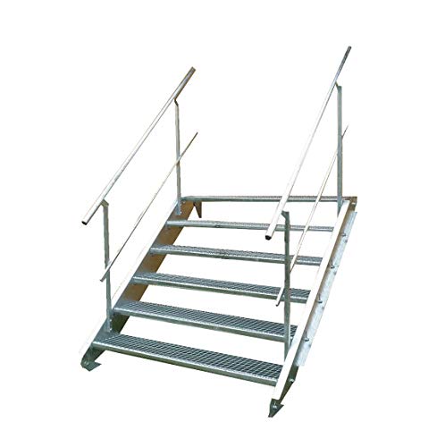 Stahltreppe Industrietreppe Aussentreppe Treppe 6 Stufen-Breite 120cm Variable Geschosshöhe 90-120cm vezinkt mit beidseitigem Geländer von TMM