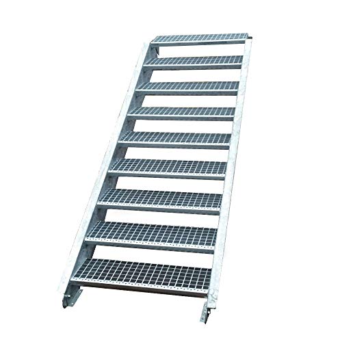 Stahltreppe Industrietreppe Aussentreppe Treppe 9 Stufen-Stufenbreite 100cm / Geschosshöhe variabel 135-180cm verzinkt Gitterrosttreppenstufen Tiefe 24cm von TMM