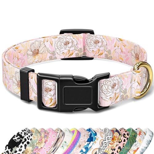 TMOODEL Hundehalsband, niedliches Blumenmuster für große Hunde, weiches Nylon, Welpenhalsband für Jungen und Mädchen, verstellbar, strapazierfähig, mit Schnellverschluss-Schnalle, rosa Blumen von TMOODEL