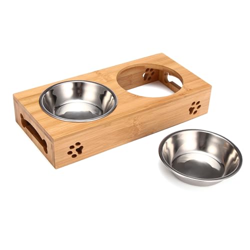 Futterstation für Kleine Hunde Katzen, 29x14x5.5cm Halterung Bambus mit 2 Edelstahl Hundenapf- Futternapf & Wassernapf Hund x 0,24L, Hundenapf Erhöht - Hunde Geschenke Weihnachten von TMRBBesty