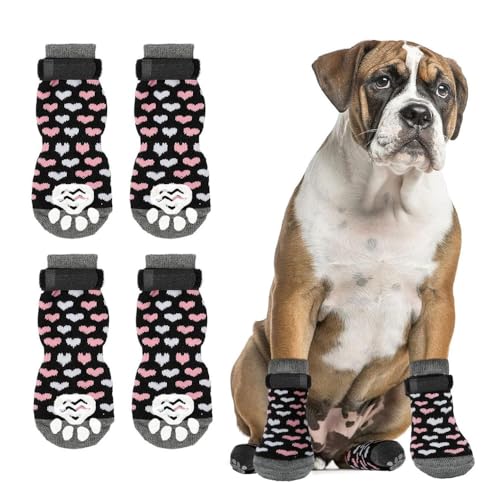 TOEECY Hundesocken 4 Stück Anti Rutsch Atmungsaktiv Hundesocken mit Verstellbaren Klettverschluss Riemen für Kleine Mittlere und Große Hunde (L) von TOEECY