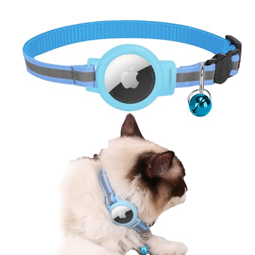 TOEECY Katzenhalsband Airtag Reflektierendes mit Glöckchen Sicherheitsverschluss Katzenhalsbänder Apple Airtag Hülle Verstellbar Elastischer Halsband für Katze (Blau) von TOEECY