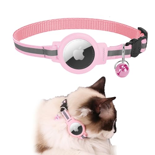 TOEECY Katzenhalsband Airtag Reflektierendes mit Glöckchen Sicherheitsverschluss Katzenhalsbänder Apple Airtag Hülle Verstellbar Elastischer Halsband für Katze (Rosa) von TOEECY