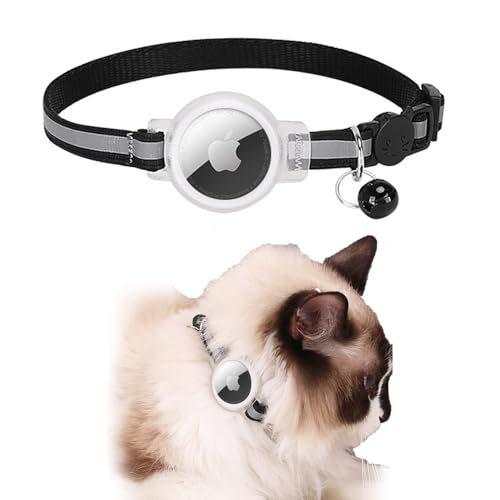 TOEECY Katzenhalsband Airtag Reflektierendes mit Glöckchen Sicherheitsverschluss Katzenhalsbänder Apple Airtag Hülle Verstellbar Elastischer Halsband für Katze (Schwarz) von TOEECY