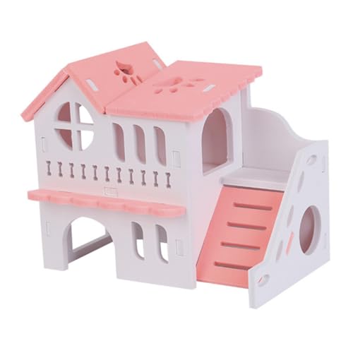 TOGEVAL Doppel Hamster Villa Sportspielzeug für Haustiere Hamsterhaus Haustier Kleintierversteck Hamster Spielzeug hamsterspielzeug Hamstervilla aus Holz Haustier Ruhehaus hölzern Rosa von TOGEVAL