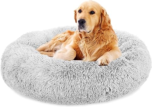 TOHDNC Beruhigendes Bett für Katzen und Hunde, rund, weich, flauschig, Plüsch, Haustierbett mit rutschfester Unterseite, waschbar, Hellgrau, 60 cm von TOHDNC