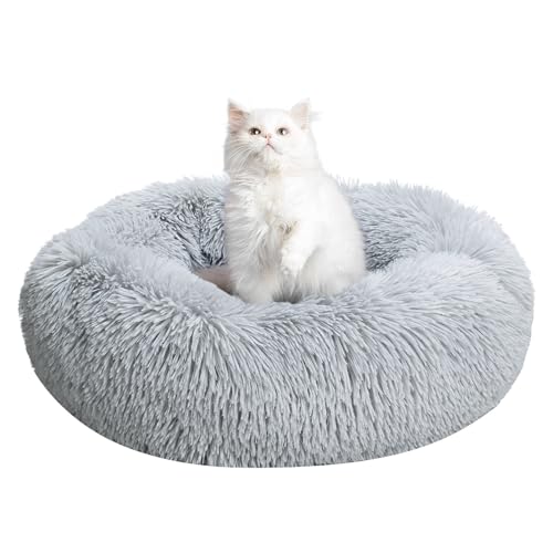 Haustierbett für Katzen und Hunde, rund, 50 cm, gemütlich, Plüsch, mit rutschfester Unterseite für kleine, mittelgroße Haustiere, beruhigendes Bett, Nest (Hellgrau) von TOHDNC