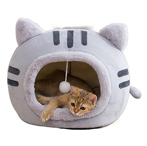 2-in-1-Katzenbetten, große Flauschige Katzenhöhle, Katzenversteck mit Ballaufhängung, for kleine Hunde, Welpen, Kätzchen (Color : Grey, Size : 50 * 50 * 36cm) von TONGDY
