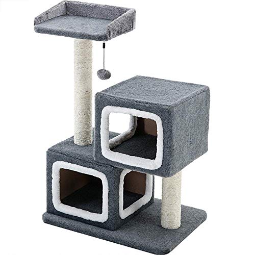 Cats Tree Cat Tower Katzen und Haustiere Double Nest Catwalk Cat Klettergerüst mit Sisal-überzogenen Greifpfosten und einem Spielzeugball für Kätzchen Kratzbaum Kätzchen (Color : Grey, Size von Tonpop