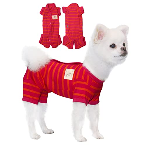 TONY HOBY Hund Schlafanzug Hund Kleidung Hund T-Shirts,Gestreifte Haustier Hund Onesie Weich Atmungsaktiv Hund 4 Beine Jumpsuits Bodysuits Für Kleine Mittlere Große Hunde Und Katzen (Mädchen-Rot, S) von TONY HOBY