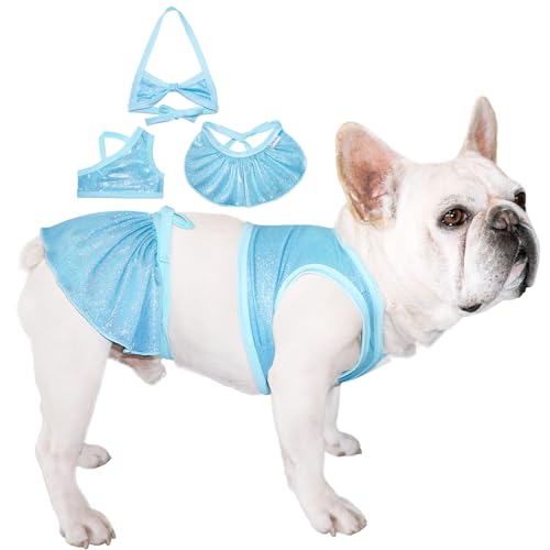 TONY HOBY Hunde-Badekleid, glitzernder Hunde-Bikini, Strandkleid am Meer, Pool, Hunde-Badeanzug für kleine, mittelgroße Hunde (3 Stück, Hellblau, M) von TONY HOBY