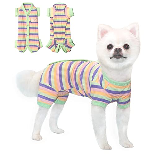 TONY HOBY Hunde-Pyjama, 4-beiniger Schlafanzug, Overall mit Regenbogenstreifen, für kleine und mittelgroße Hunde (Grün und Gelb, Mädchen, Größe M) von TONY HOBY