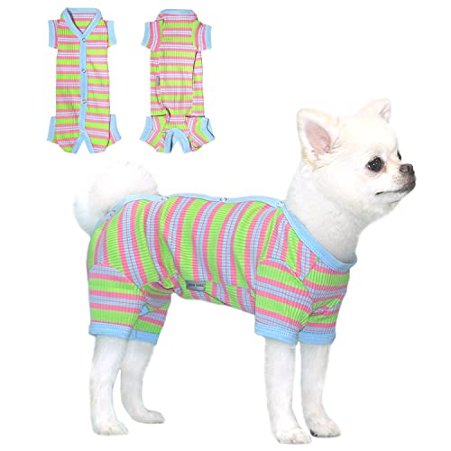 TONY HOBY Hundeschlafanzug, 4-beiniger Hundeschlafanzug mit bunten Streifen, Hundeschlafanzug für kleine und mittelgroße Hunde (Grün&Blau - Mädchen, L) von TONY HOBY