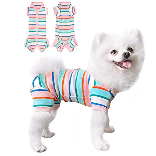 TONY HOBY Hundeschlafanzug, Hundeshirt Bunt, Atmungsaktiver Hundeoverall Strampler, Chirurgischer Genesungsanzug für kleine und mittlere Hunde (Pink&White - Mädchen, L) von TONY HOBY