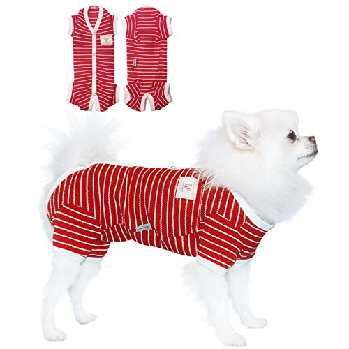 TONY HOBY Hundeschlafanzug mit 4 Beinen, Hundeschlafanzug mit Waffelstreifen, Hundeschlafanzug für mittelgroße und kleine Hunde (Rot - Mädchen, M) von TONY HOBY