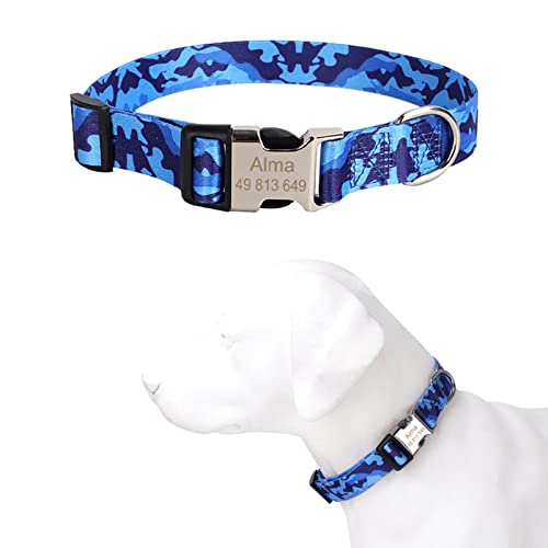 TONYFY Individuelle Hundehalsband Metallschnalle Hunde Namensschild Halsband Kostenlose Gravur Personalisierte Haustierhalsbänder Einstellbar für Kleine Mittlere Große Hund (Blaue Tarnmuster, M) von TONYFY