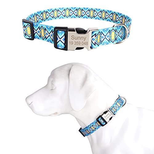 TONYFY Individuelle Hundehalsband Metallschnalle Hunde Namensschild Halsband Kostenlose Gravur Personalisierte Haustierhalsbänder Einstellbar für Kleine Mittlere Große Hund (Blaues Gitter, M) von TONYFY