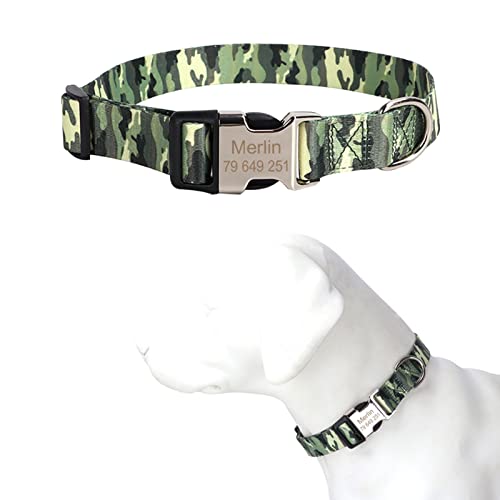 TONYFY Individuelle Hundehalsband Metallschnalle Hunde Namensschild Halsband Kostenlose Gravur Personalisierte Haustierhalsbänder Einstellbar für Kleine Mittlere Große Hund (Grün Tarnmuster, S) von TONYFY