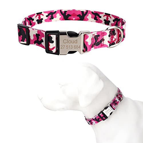 TONYFY Individuelle Hundehalsband Metallschnalle Hunde Namensschild Halsband Kostenlose Gravur Personalisierte Haustierhalsbänder Einstellbar für Kleine Mittlere Große Hund (Rosa Tarnfarbe, L) von TONYFY