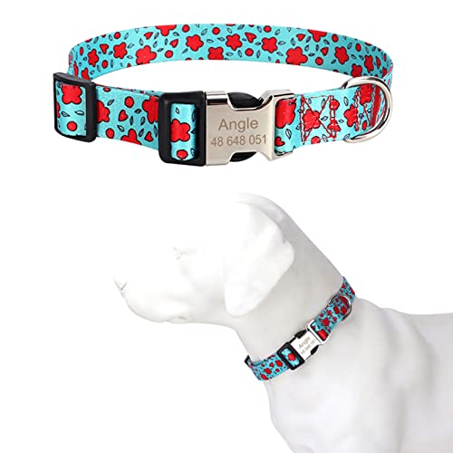 TONYFY Individuelle Hundehalsband Metallschnalle Hunde Namensschild Halsband Kostenlose Gravur Personalisierte Haustierhalsbänder Einstellbar für Kleine Mittlere Große Hund (Rote Blume1, M) von TONYFY